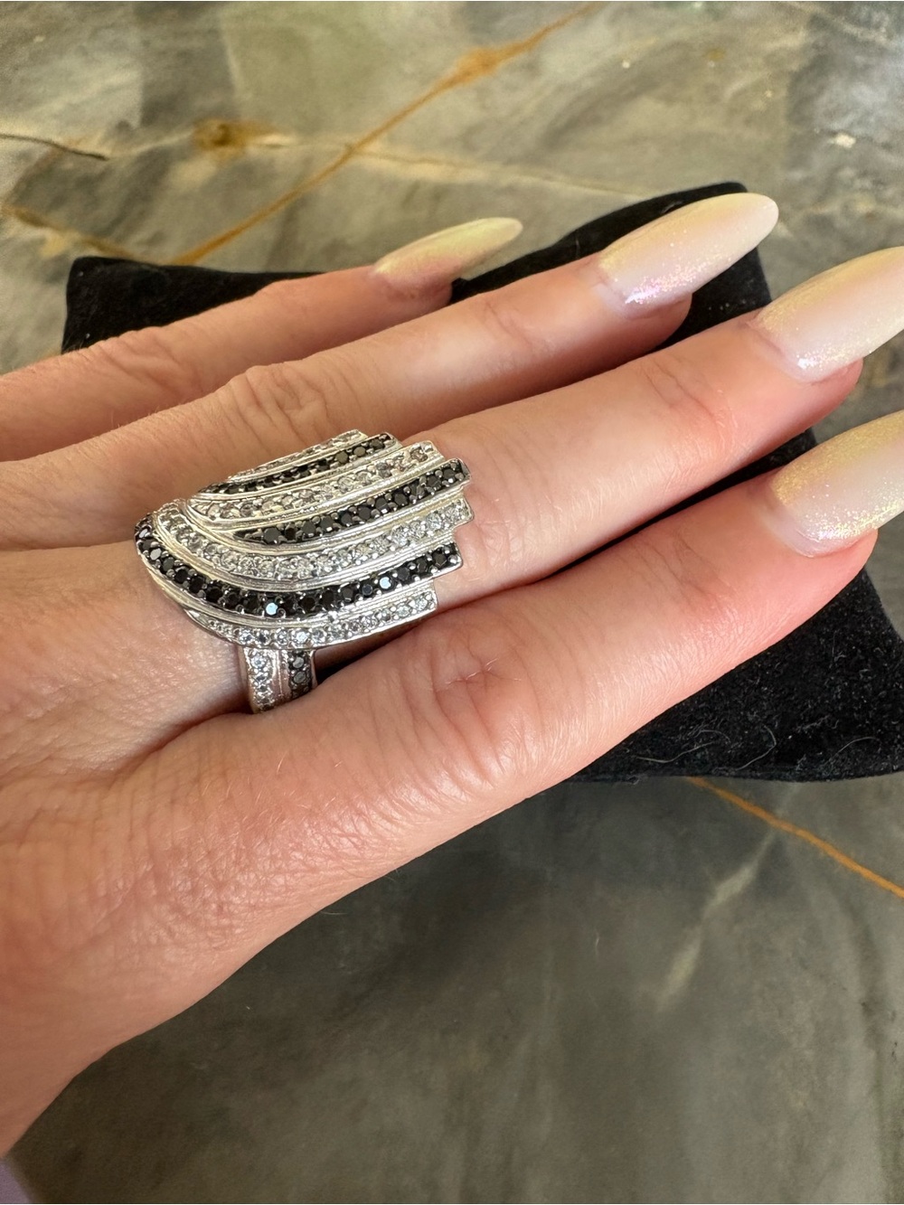 LARGE GENUINE 2 CT Black White Diamond
Ring Art Deco Sz 7 Sterling S 18k Gold P - Picture 6 of 15